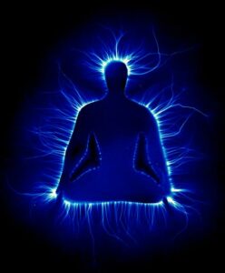 Photographie Kirlian d'une personne dans la position du Lotus, par Emmanuel HEREDIA